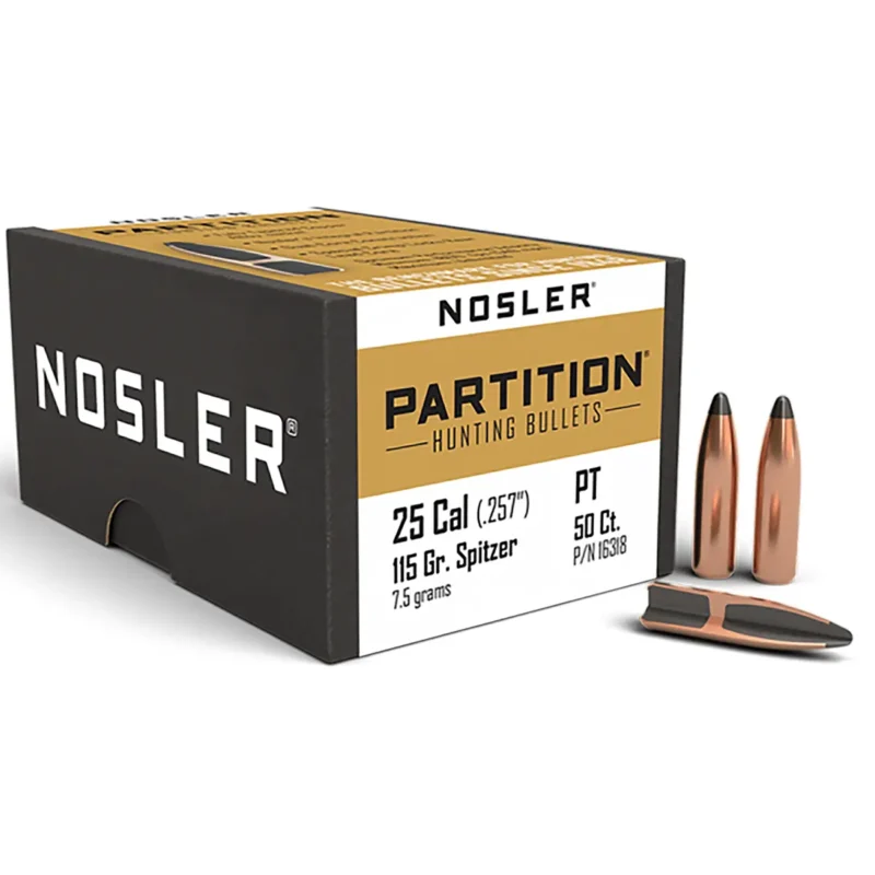 NOSLER 25CAL (.257") 115GR PARTITION SPITZER BULLETS 50CT