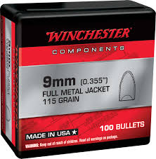 WINCHESTER 9MM (.355") 115GR FMJ HB BULLETS 100CT