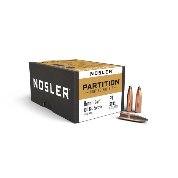 NOSLER 6MM (.243") 100GR PARTITION SPITZER BULLETS 50CT