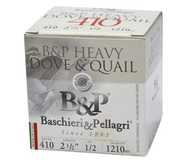 B&P 410 BORE 1:2OZ 1210FPS 2-1:2″ #7.5 AMMO 250RDS B&P 410 BORE 1/2OZ 1210FPS 2-1/2" #7.5 AMMO 25RDS
