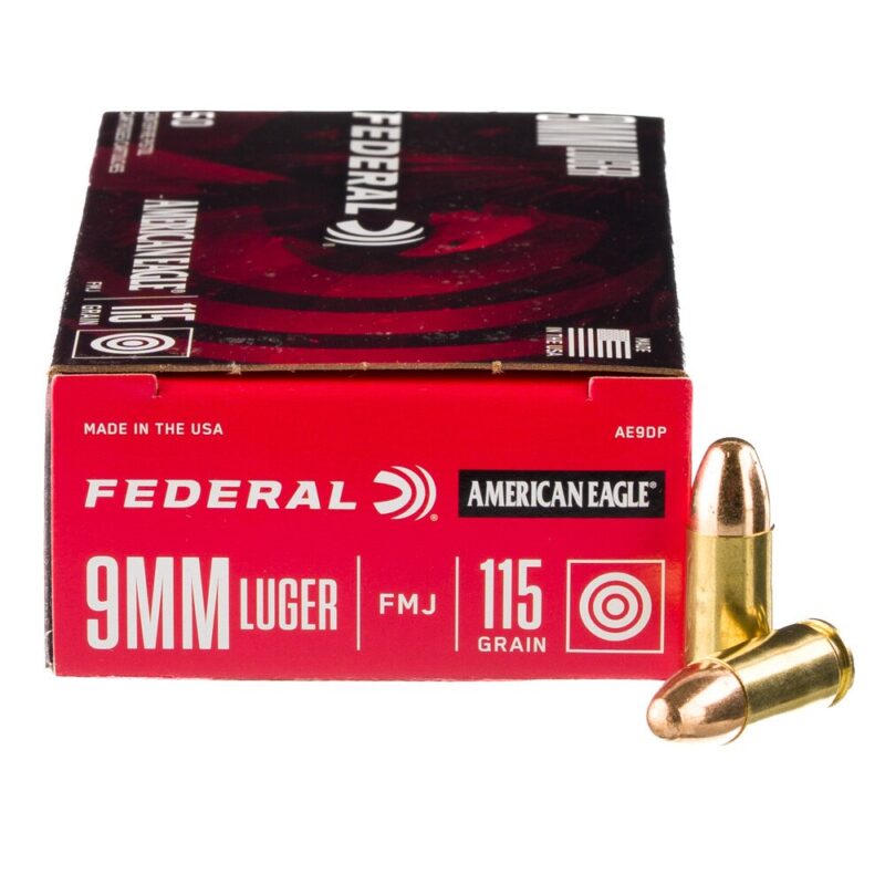 FEDERAL AMERICAN EAGLE 9MM 115GR FMJ AMMO 50RDS