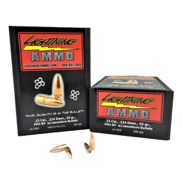 LIGHTNING 22CAL (.224") 55GR FMJBT BULLETS W/CANNELURE BULLETS 500CT