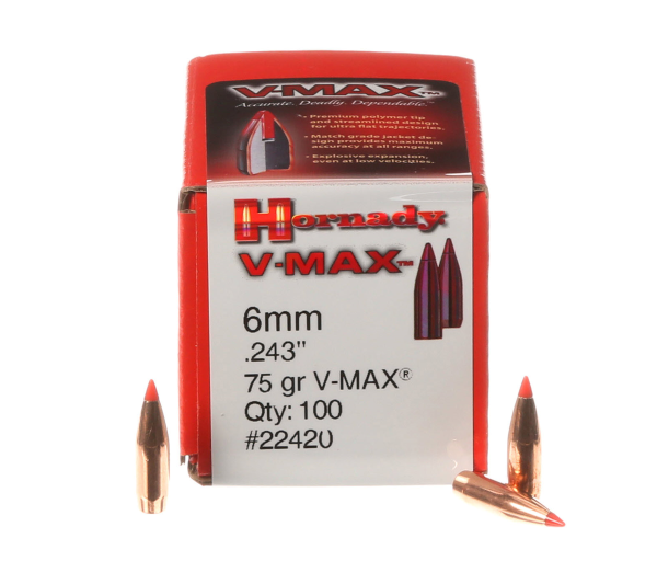 HORNADY 6MM (.243") 75GR V MAX BULLETS 100 CT