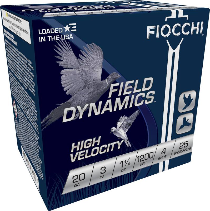 FIOCCHI FIELD DYNAMICS 20GA 3″ 1200FPS 1-1:4OZ #4 AMMO 25RDS FIOCCHI FIELD DYNAMICS 20GA 3" 1200FPS 1-1/4OZ #4 AMMO 25RDS