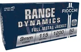FIOCCHI RANGE DYNAMICS 9MM LUGER 115GR FMJ AMMO 50RDS
