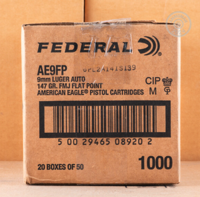 FEDERAL AMERICAN EAGLE 9MM LUGER 147GR AMMO 1000 RDS CASE